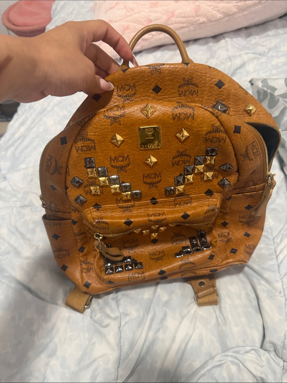 MCM Cognac Visetos Studded Mini Backpack with Mixed Metal Studs